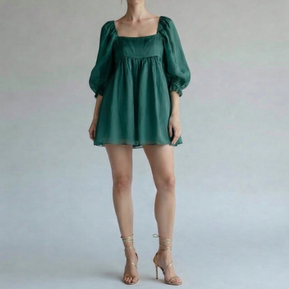 Selkie Emerald Elf Puff Dress XS Silk Green Fairycore Romantic Designer